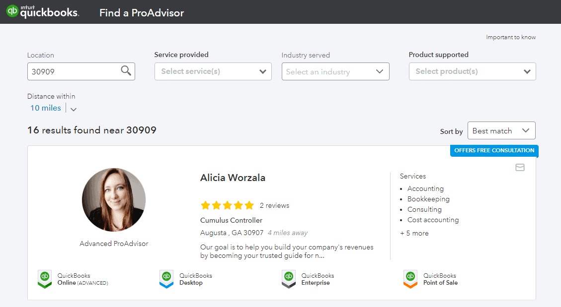 Apply Filters to Find a QuickBooks ProAdvisor