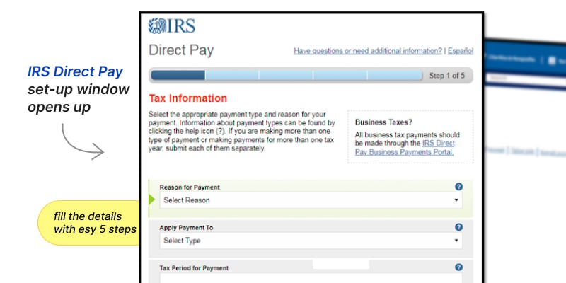 IRS Direct Pay set-up window opens up. K6