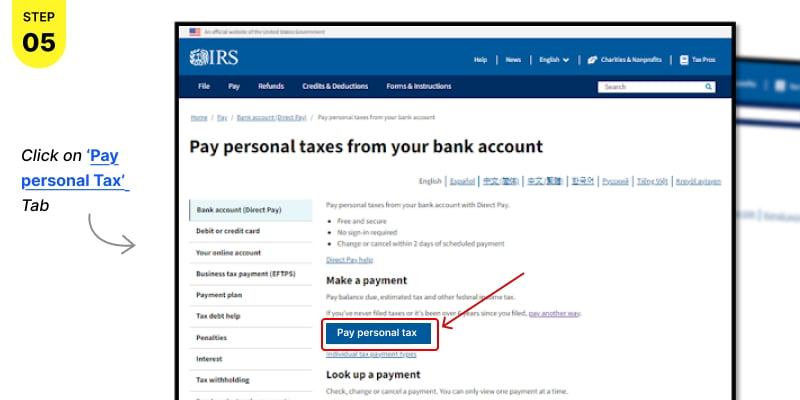 click on ‘Pay personal taxes’ under ‘Make a payment’ section K5