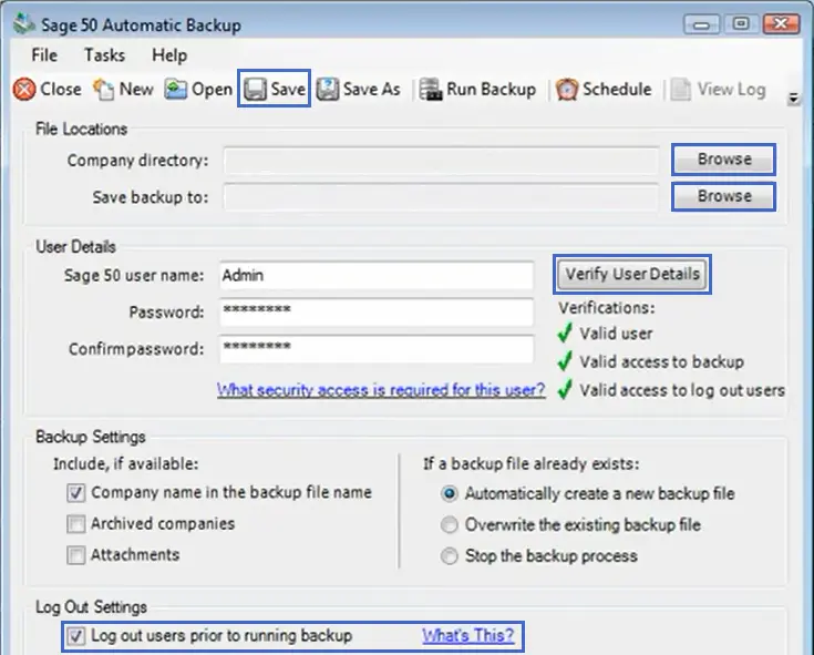 Options for Automatic Bakcup in Sage 50