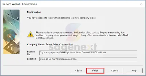 Restore a backup file to a new company folder