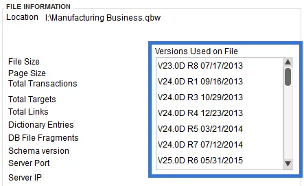 QuickBooks Versions Used on File