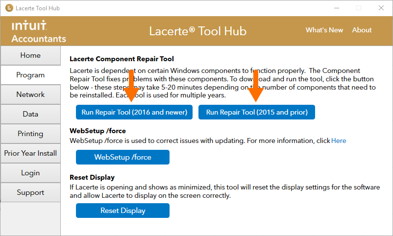 Lacerte Tool Hub to Run the Component Repair tool