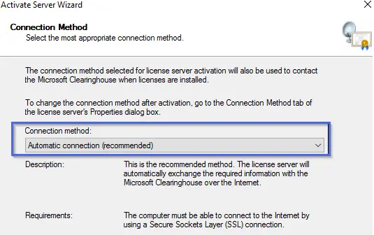 Activate Server Wizard Connection Method