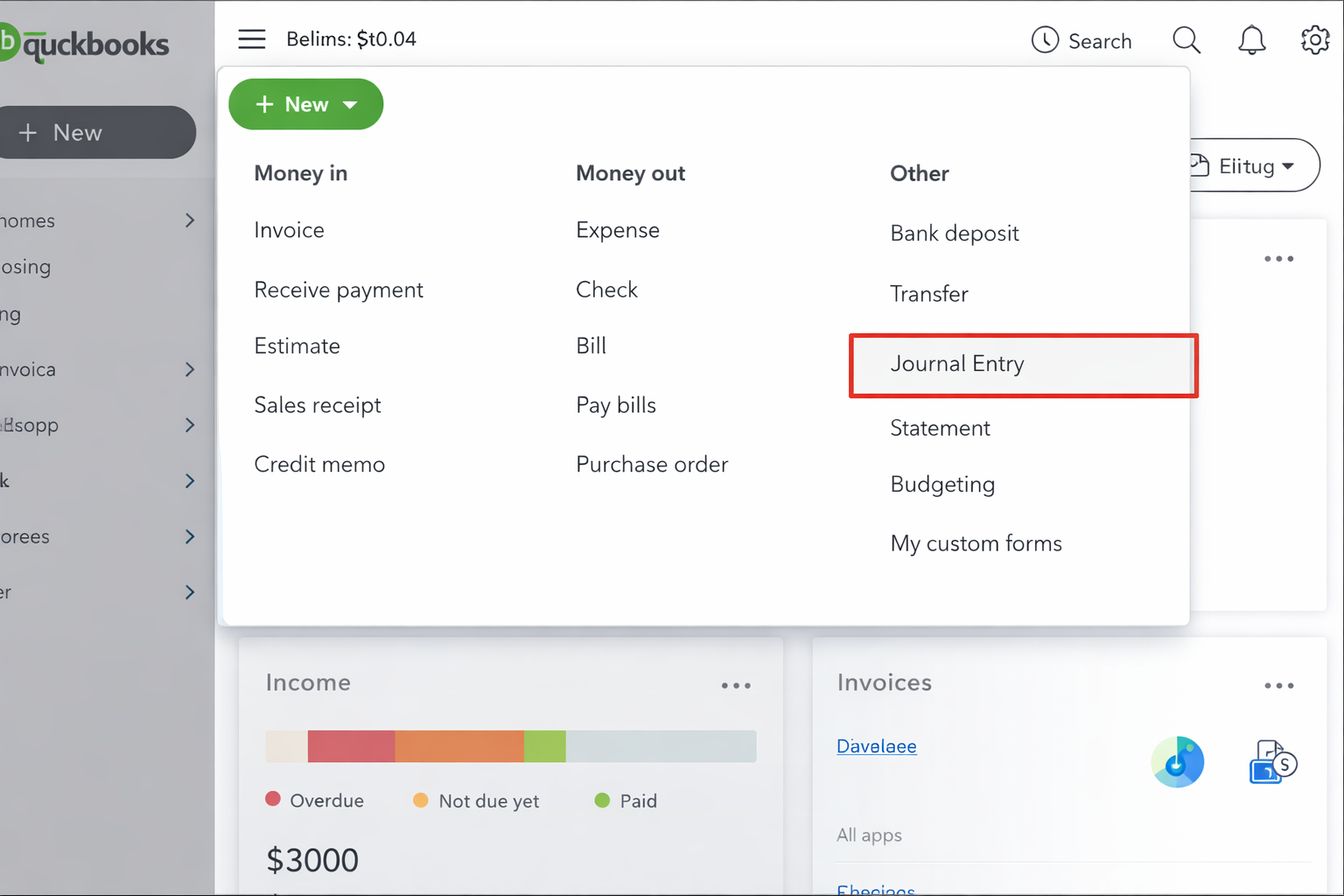 QuickBooks Journal Entry